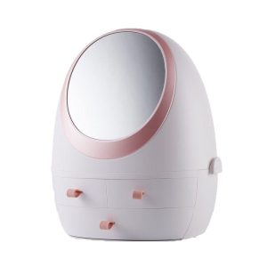 Round case with mirror - white pink